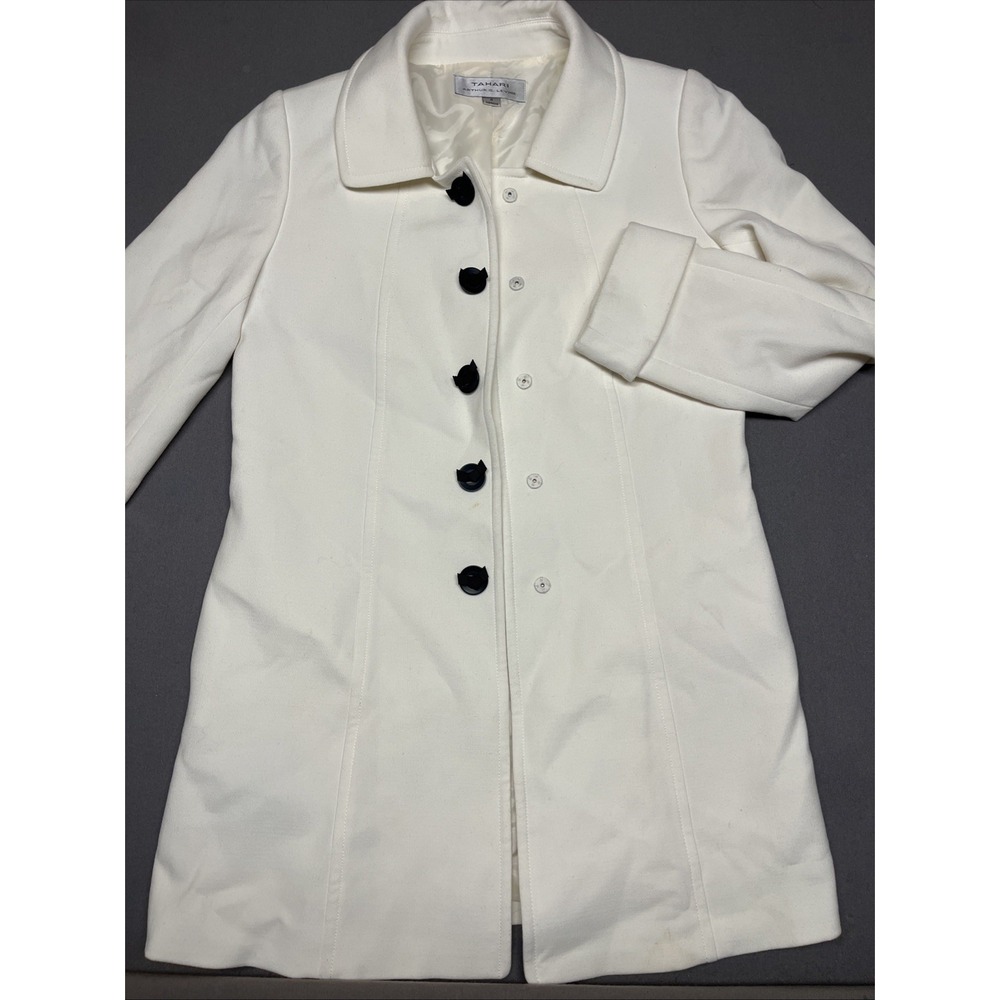 Tahari‎ Cuff Sleeve Ivory Cream Long Blazer Jacket Trench Coat Size 4